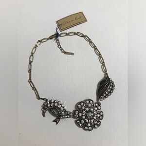 Allison Reed Statement Floral Necklace Antique Gold Tone Clear Rhinestones 13”